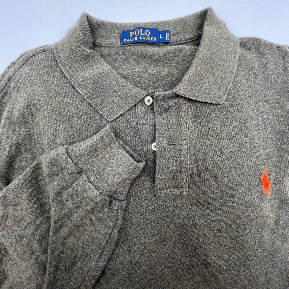 Polo Ralph Lauren Mens Long Sleeve Polo Shirt Olive Heather Orange Pony Large